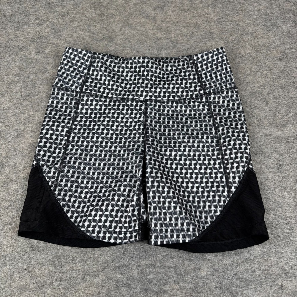 Athleta Vivid Velocity Bike Shorts 6" Zip Pocket Geometric Black Womens Small S - Picture 2 of 13